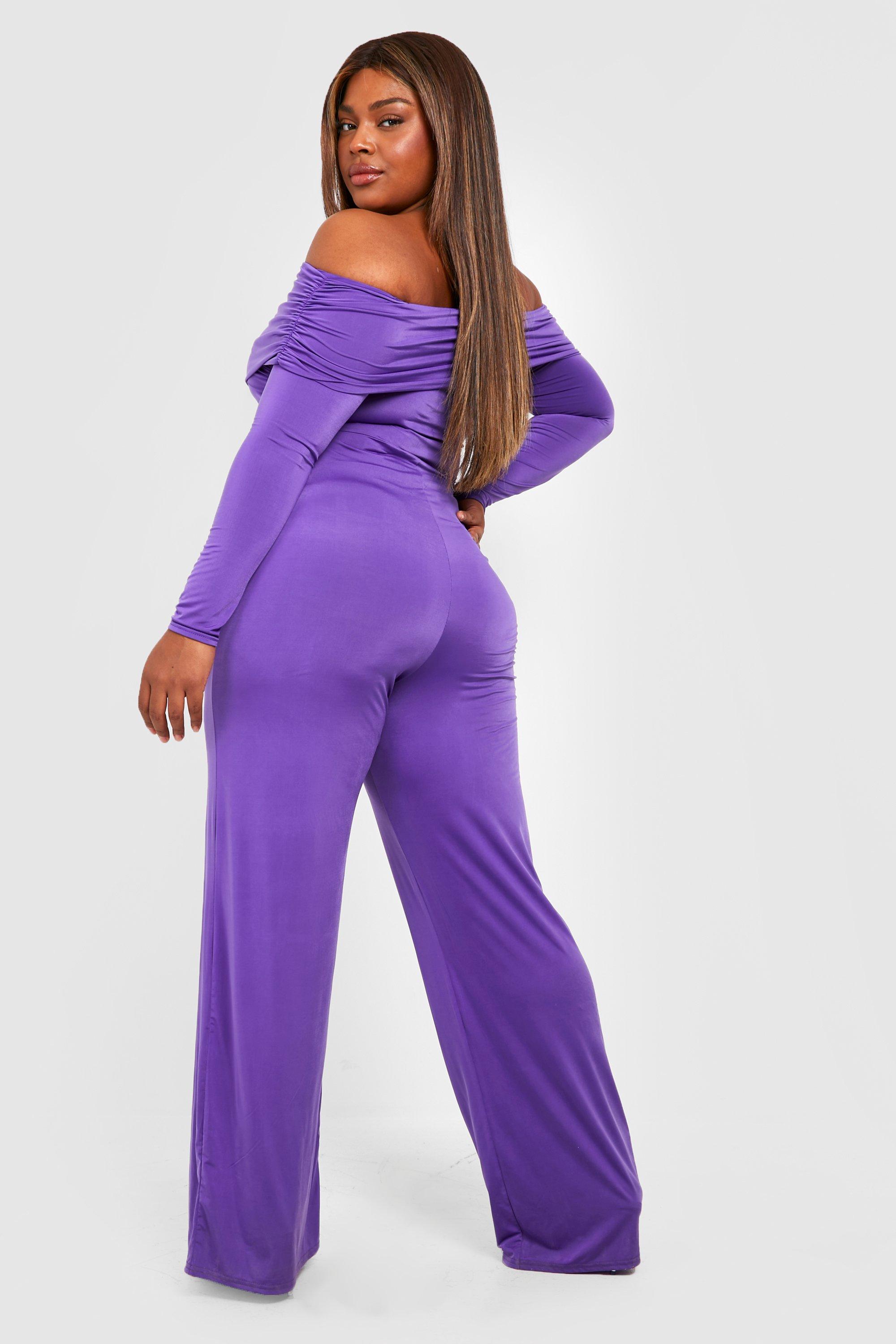 Purple off store the shoulder jumpsuit