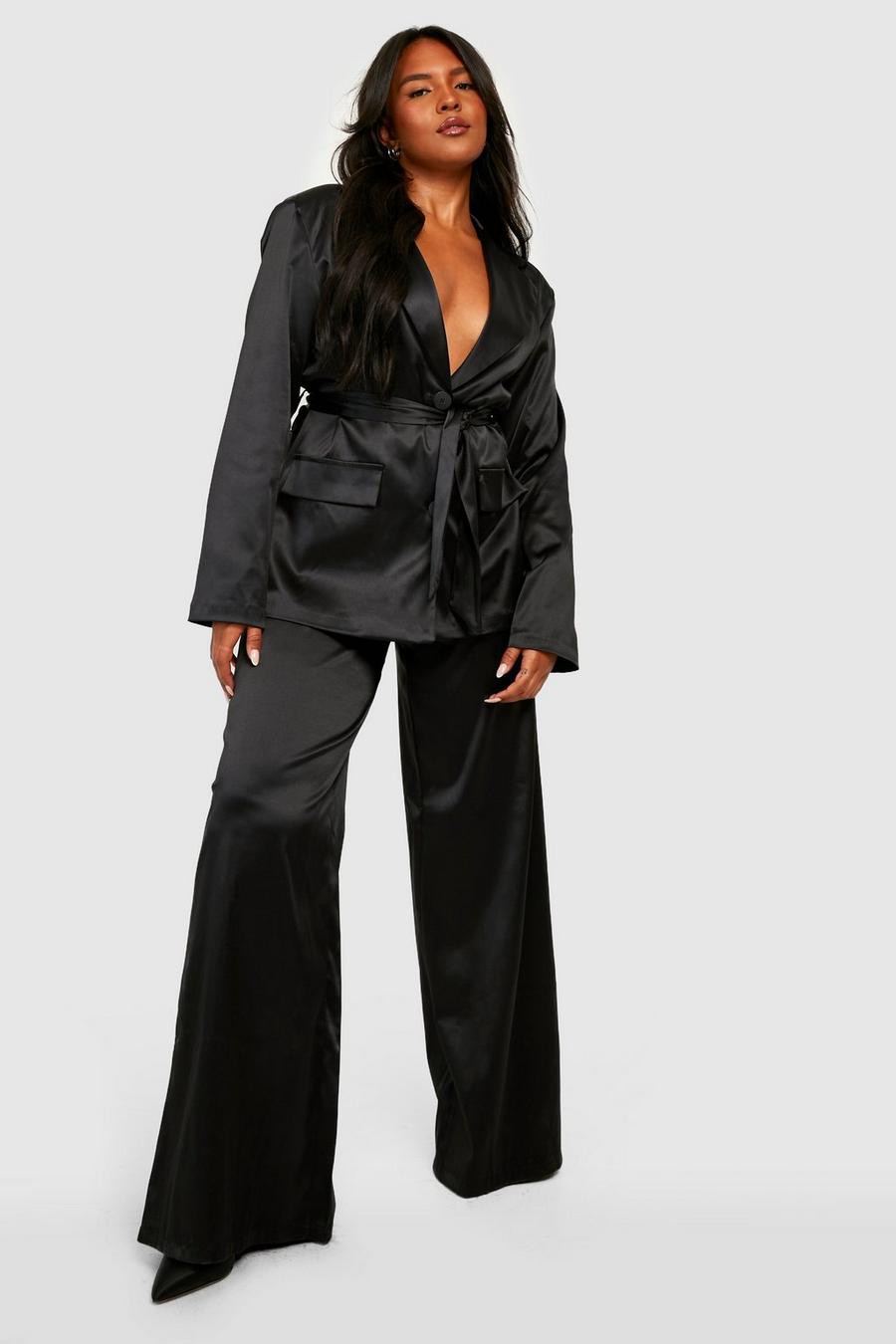 Black Plus Satin Tailored Wide Leg Trousers image number 1