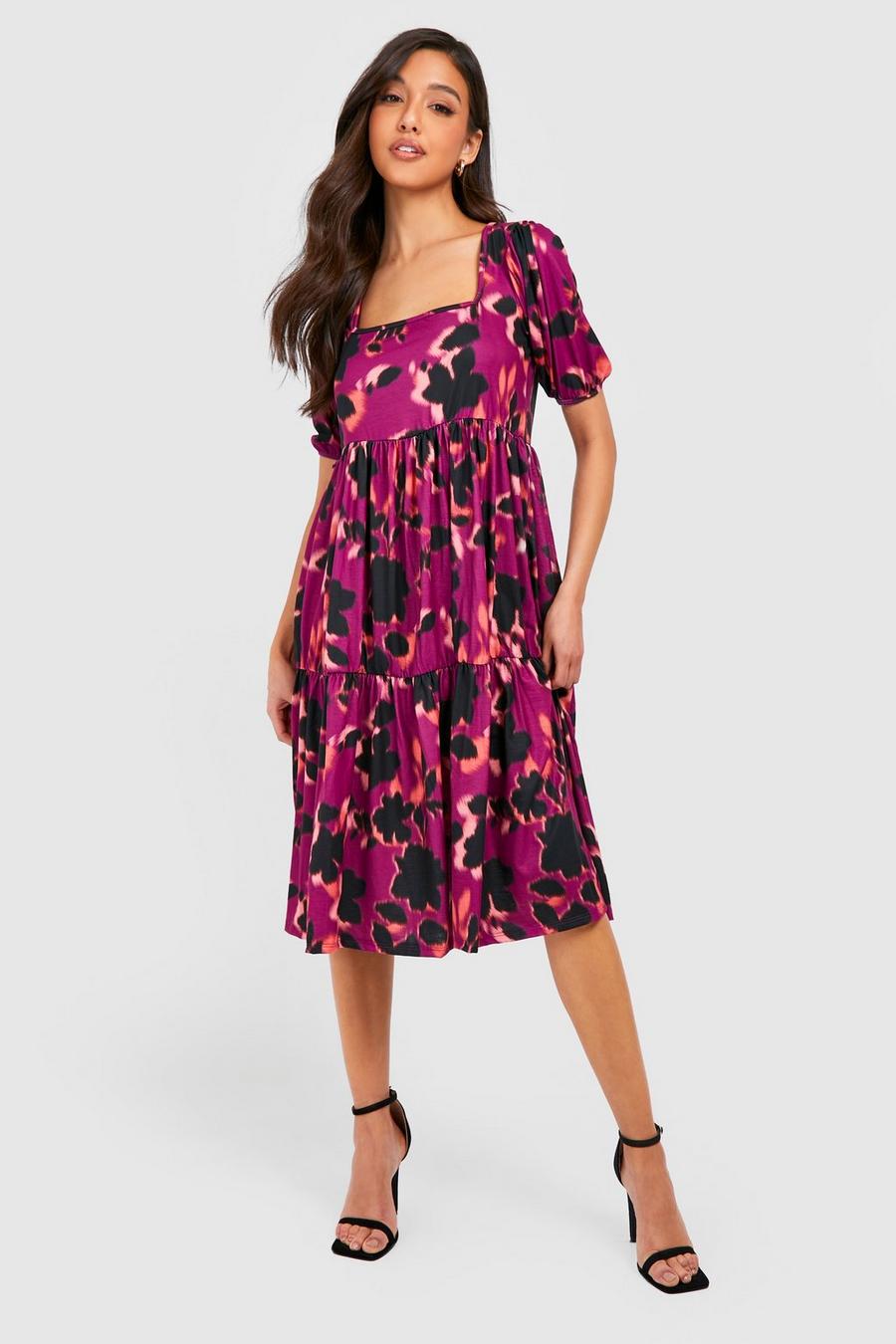 Purple Floral Print Square Neck Tiered Midi Dress image number 1