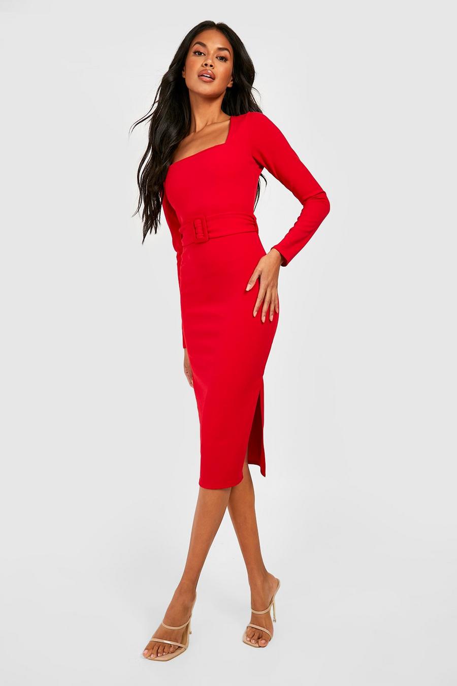 Red Long Sleeve Square Neck Belted Midi Dress image number 1