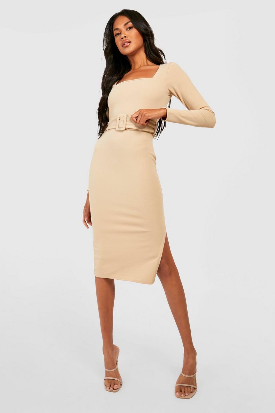 Stone Long Sleeve Square Neck Belted Midi Dress image number 1