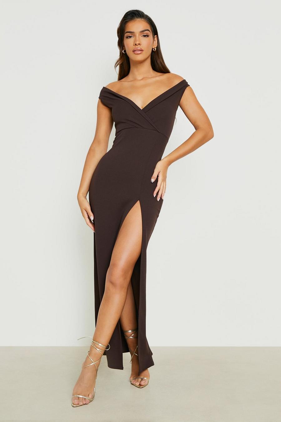 Chocolate brown Wrap Off The Shoulder Maxi Bridesmaid Dress