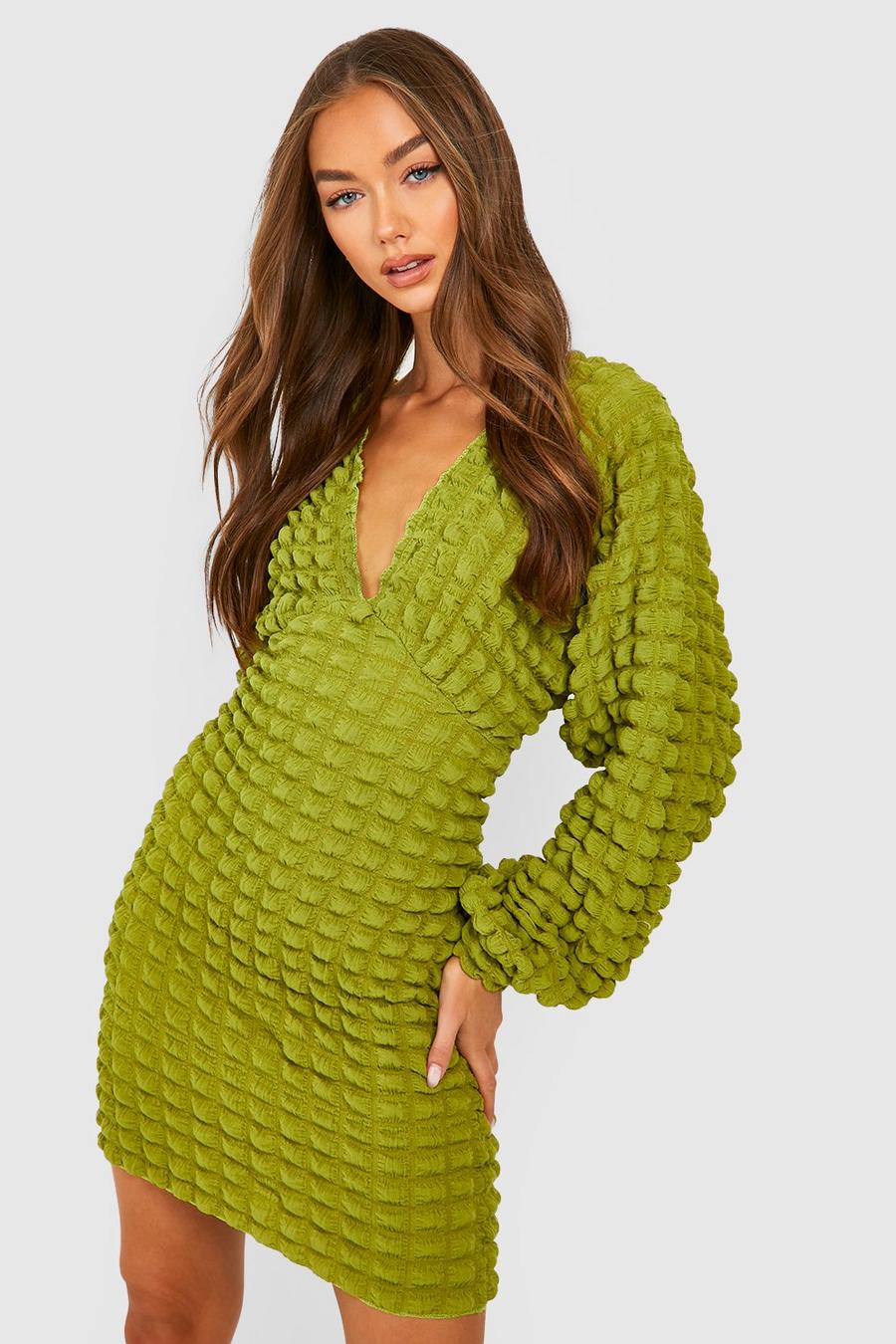 Olive Bubble Textured Batwing Mini Dress image number 1
