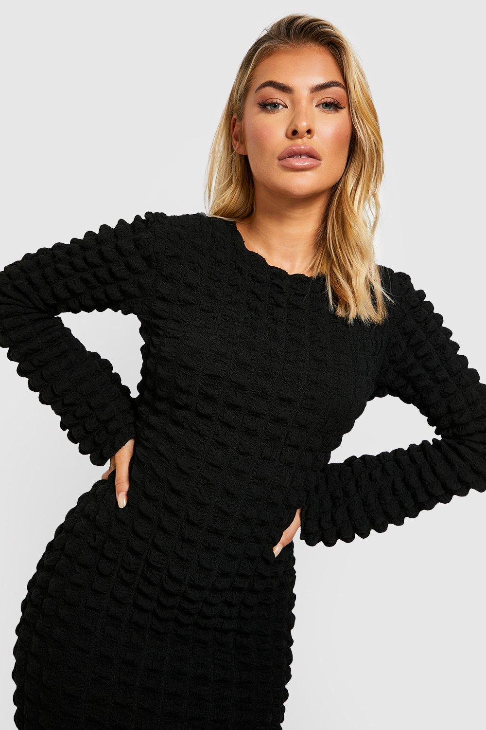 Plus Black Textured Mesh Long Sleeve Maxi Dress