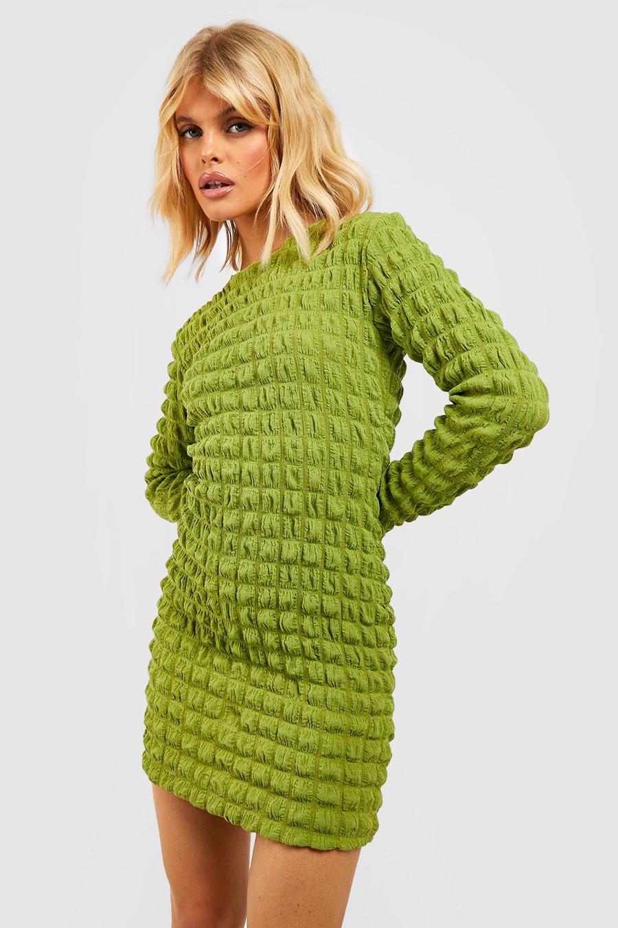 Olive Bubble Textured Long Sleeve Mini Dress image number 1