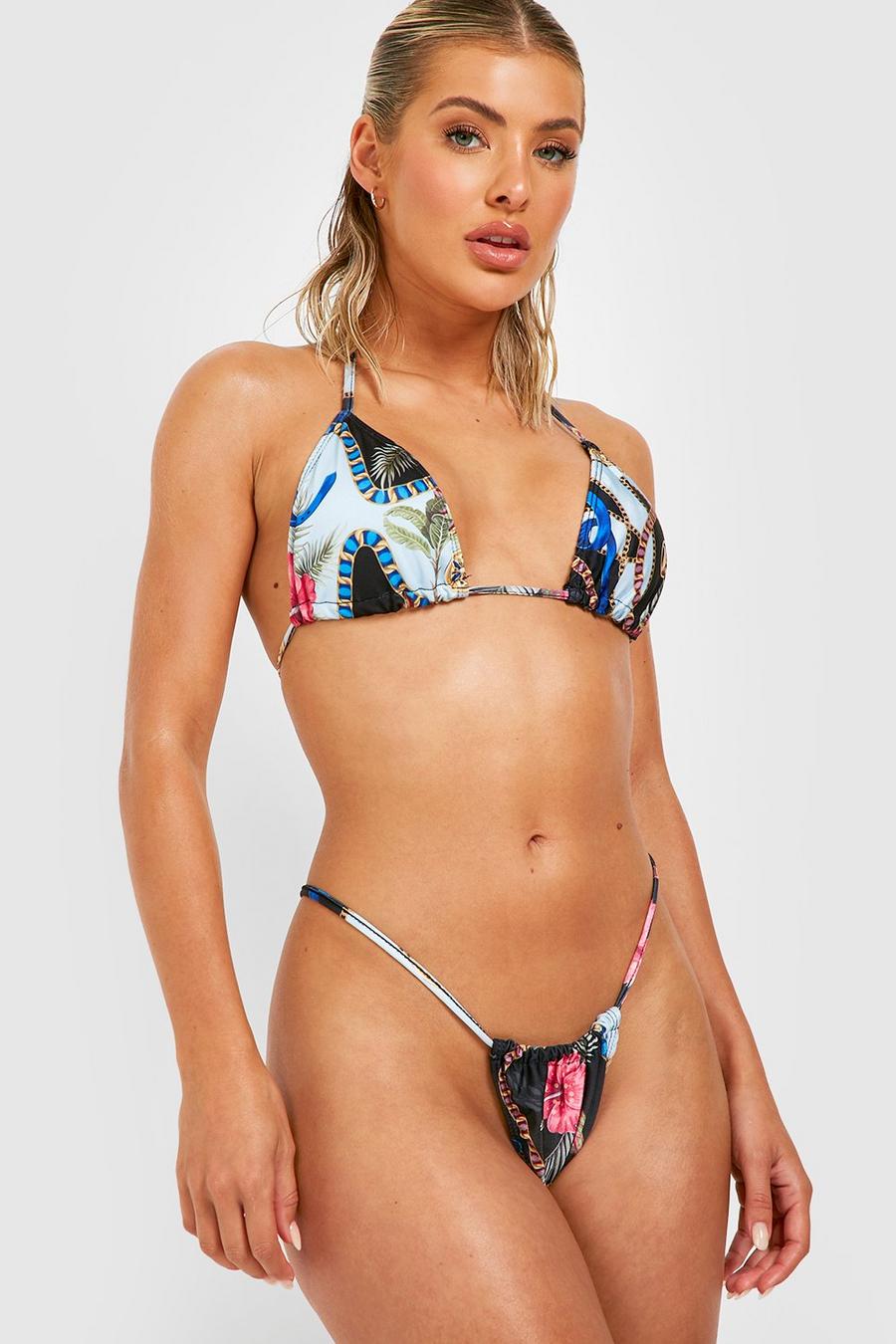 Bikini à imprimé fleuri avec haut triangle et bas tanga, Black image number 1