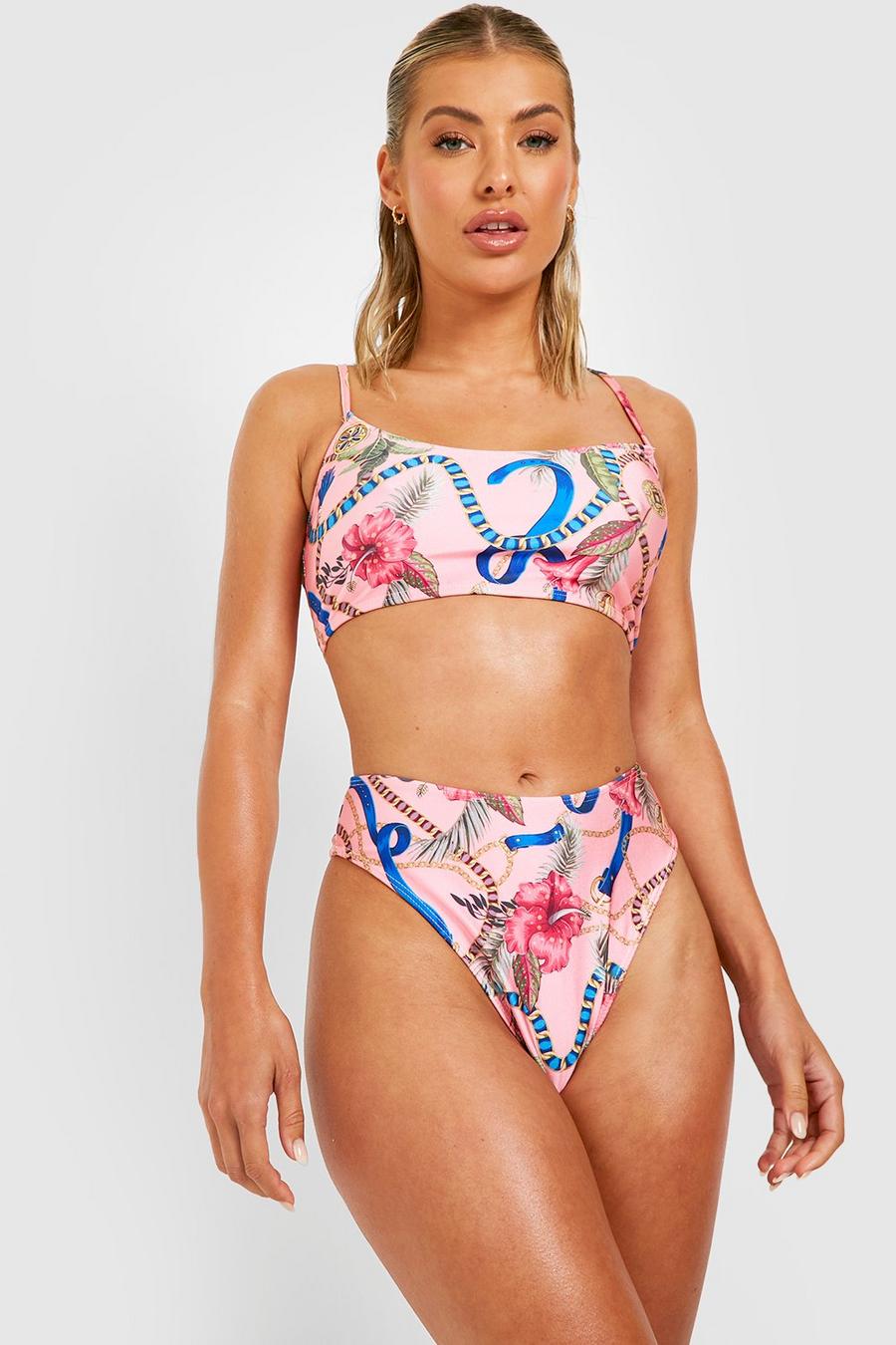 Bikini à imprimé fleuri avec haut brassière et bas taille haute, Pink image number 1