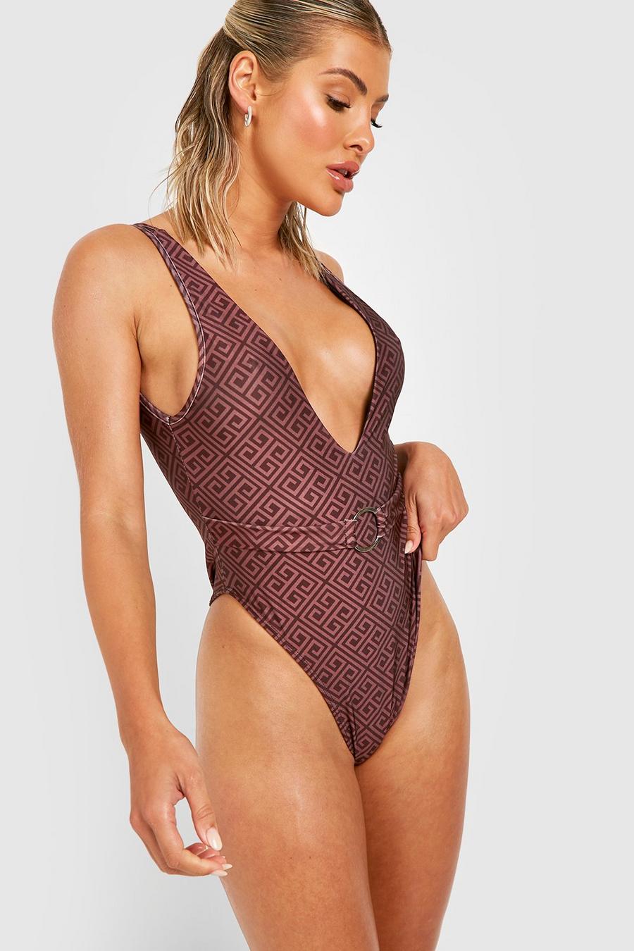 Brown Contrast Geo Plunge Belted Swimsuit image number 1