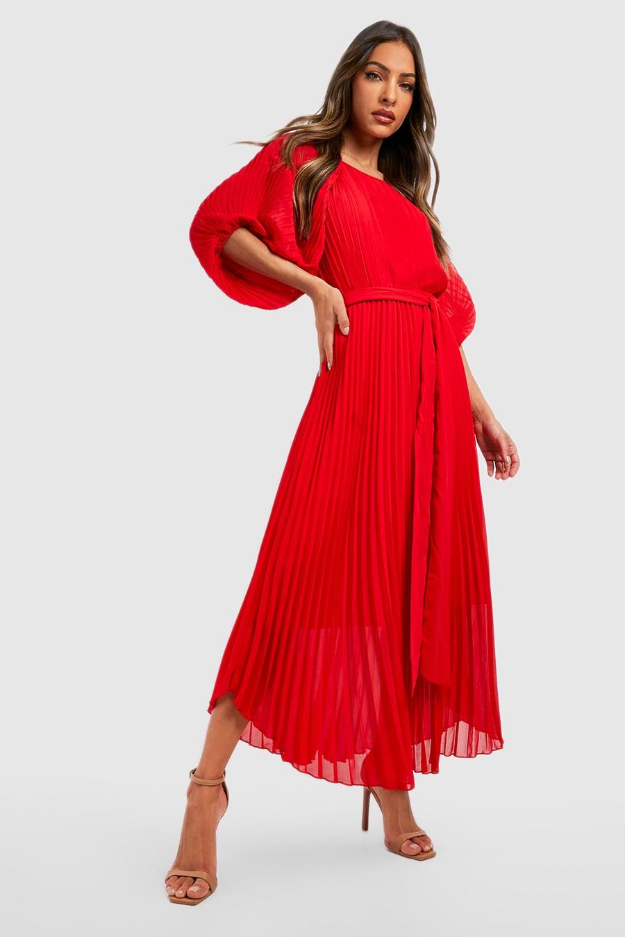 Red Pleated Puff Sleeve Midi Dress image number 1