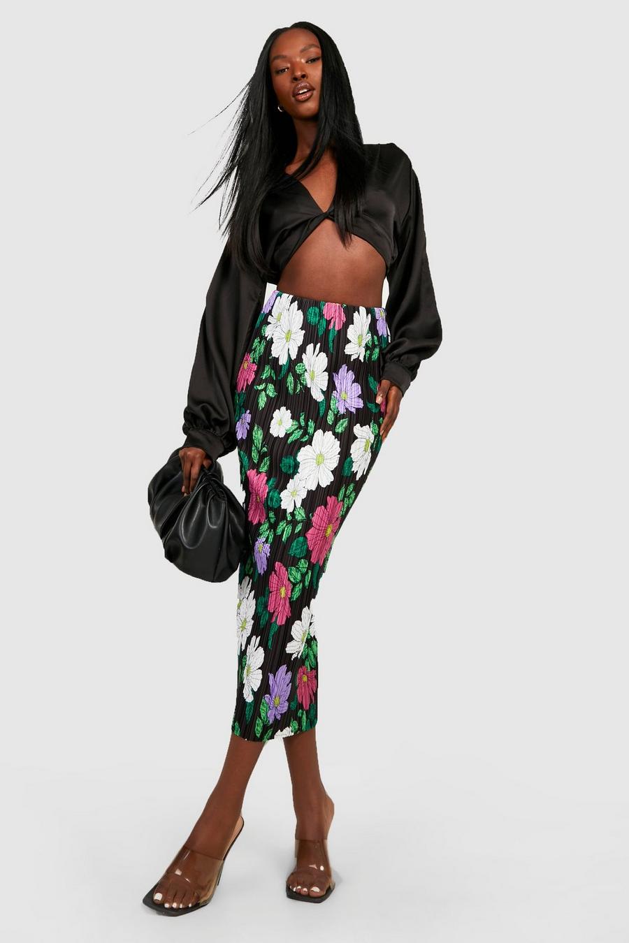 Black Floral Plisse Split Back Midi Skirt image number 1