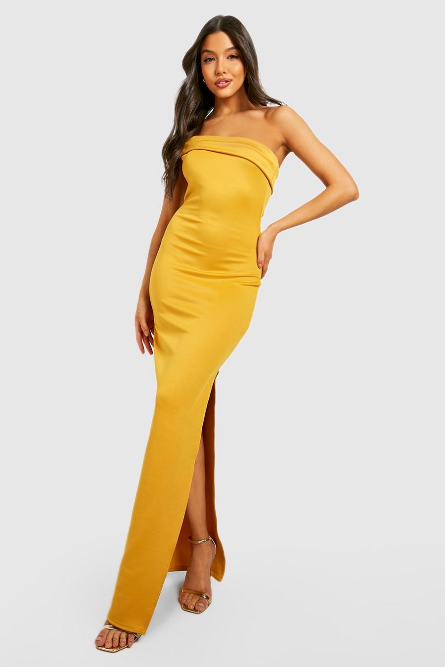Mustard One Shoulder Slim Fit Maxi Dress image number 1
