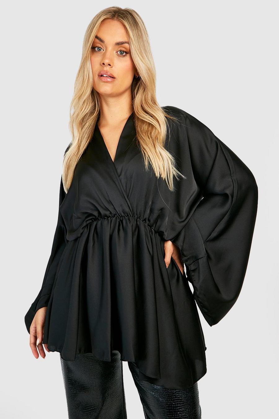 Black Plus Satin Kimono Sleeve Blouse image number 1