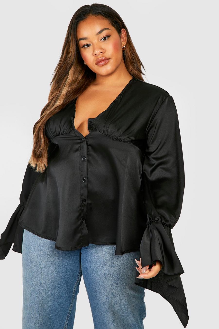 Black Plus Satin Button Through Flare Sleeve Blouse image number 1