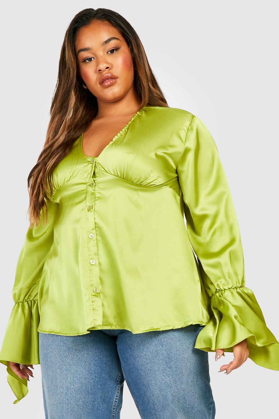 Olive Plus Satin Button Through Flare Sleeve Blouse image number 1