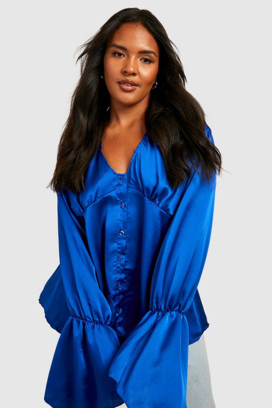 Cobalt Plus Satin Button Through Flare Sleeve Blouse image number 1