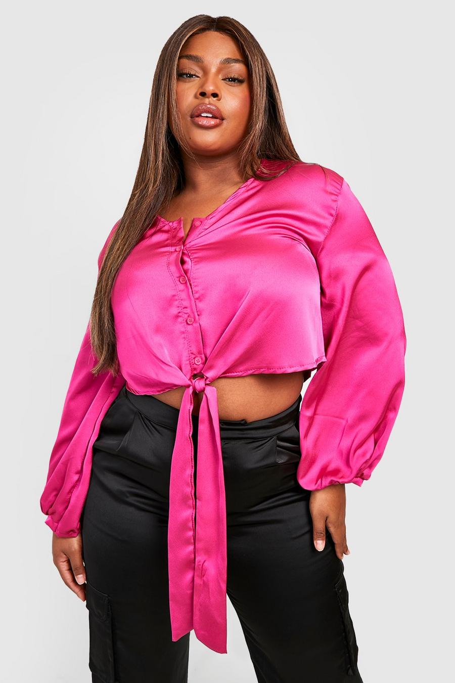 Hot pink Plus Satin Button Through Tie Front Blouse image number 1