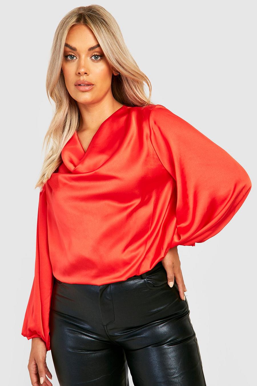 Red rouge Plus Satin Cowl Neck Blouse 