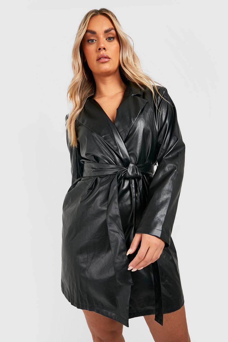 Black Plus Belted Faux PU Leather Blazer Dress image number 1