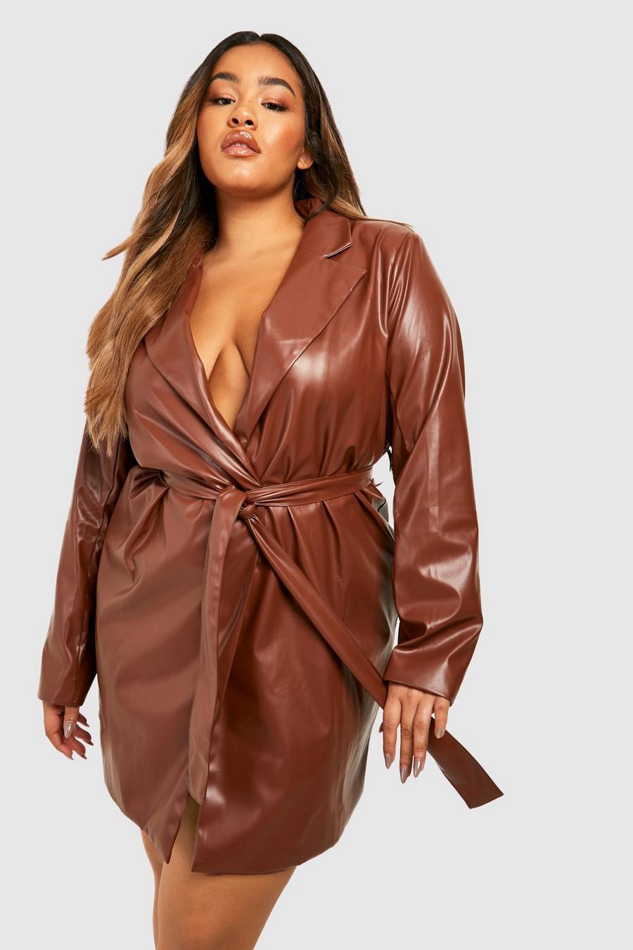 Chocolate brown Plus Belted Faux PU Leather Blazer Dress