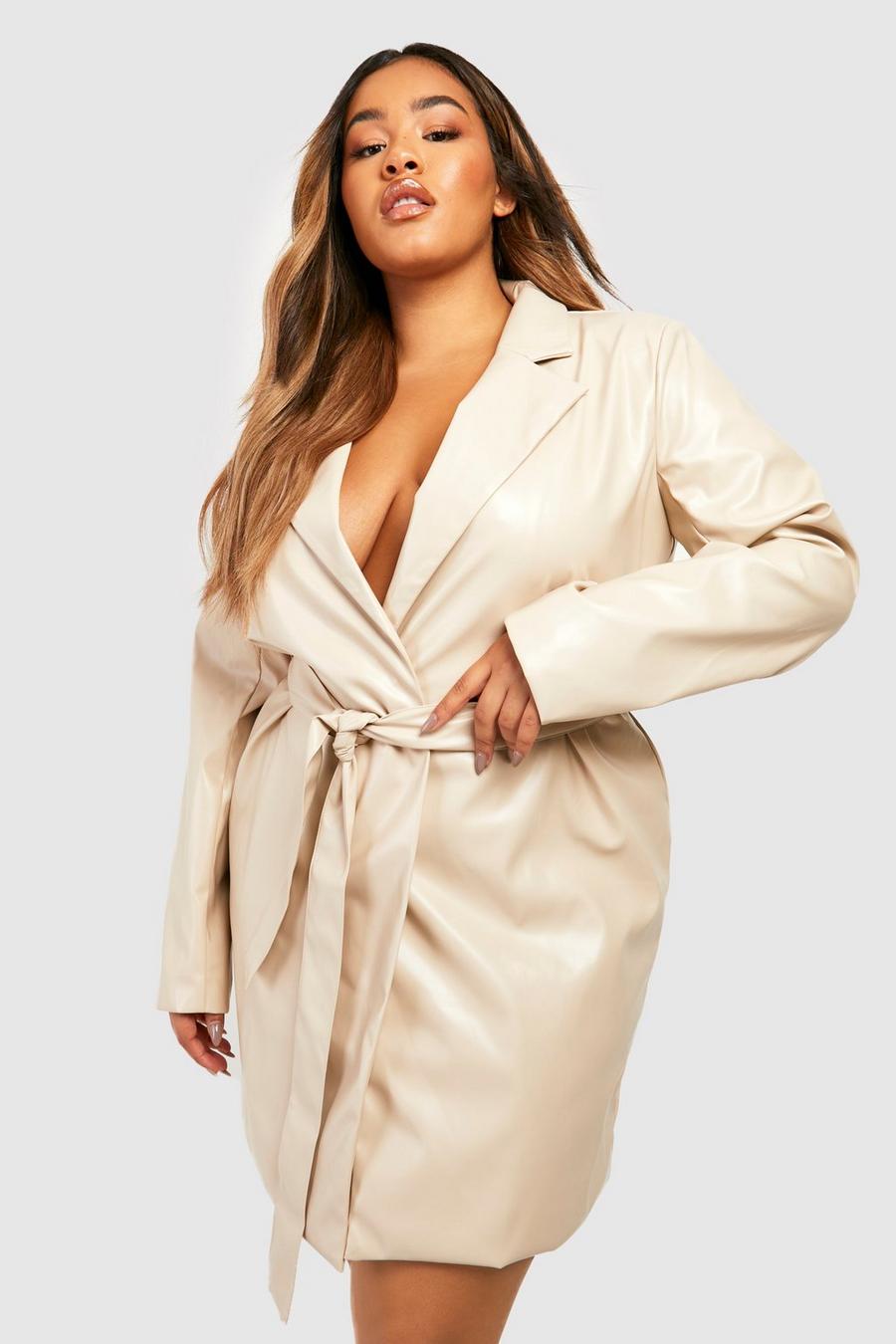 Stone beige Plus Belted Faux PU Leather Blazer Dress image number 1