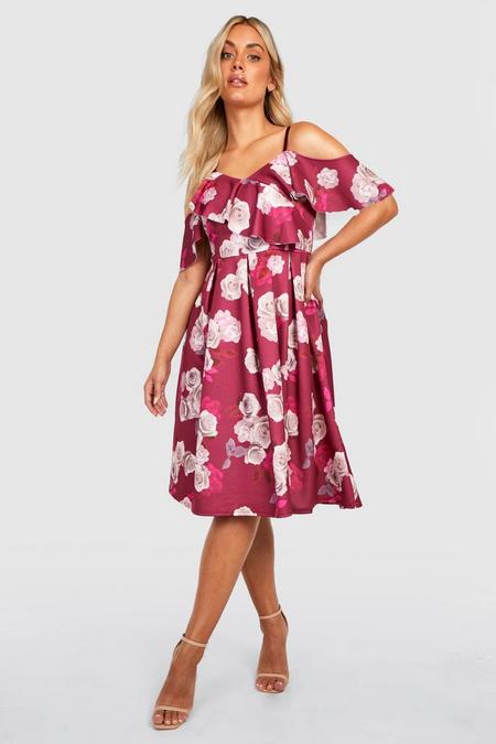boohoo.com | Plus Floral Cold Shoulder Wrap Midi Dress