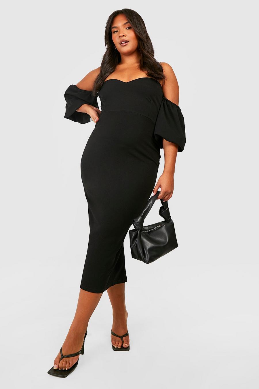 Black Plus Bardot Puff Sleeve Midaxi Dress