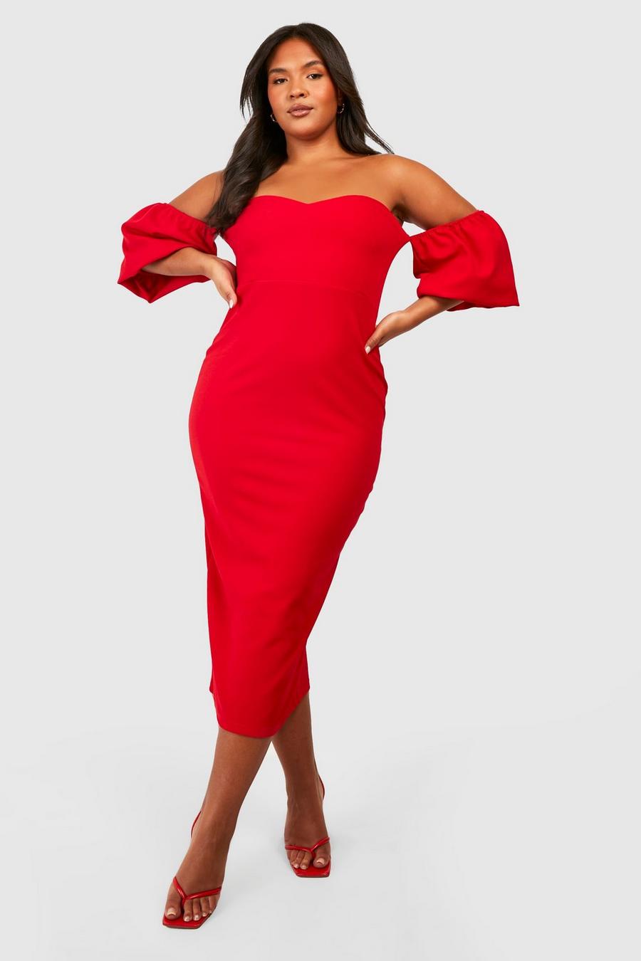 Red Plus Off The Shoulder Puff Sleeve Midi Dress image number 1