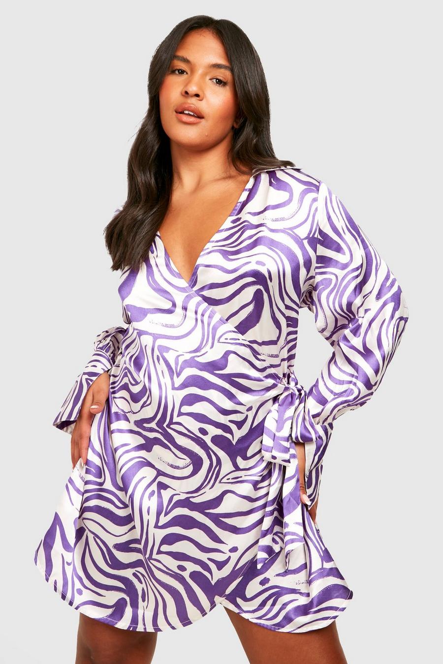 Purple Plus Woven Zebra Print Wrap Shirt Dress