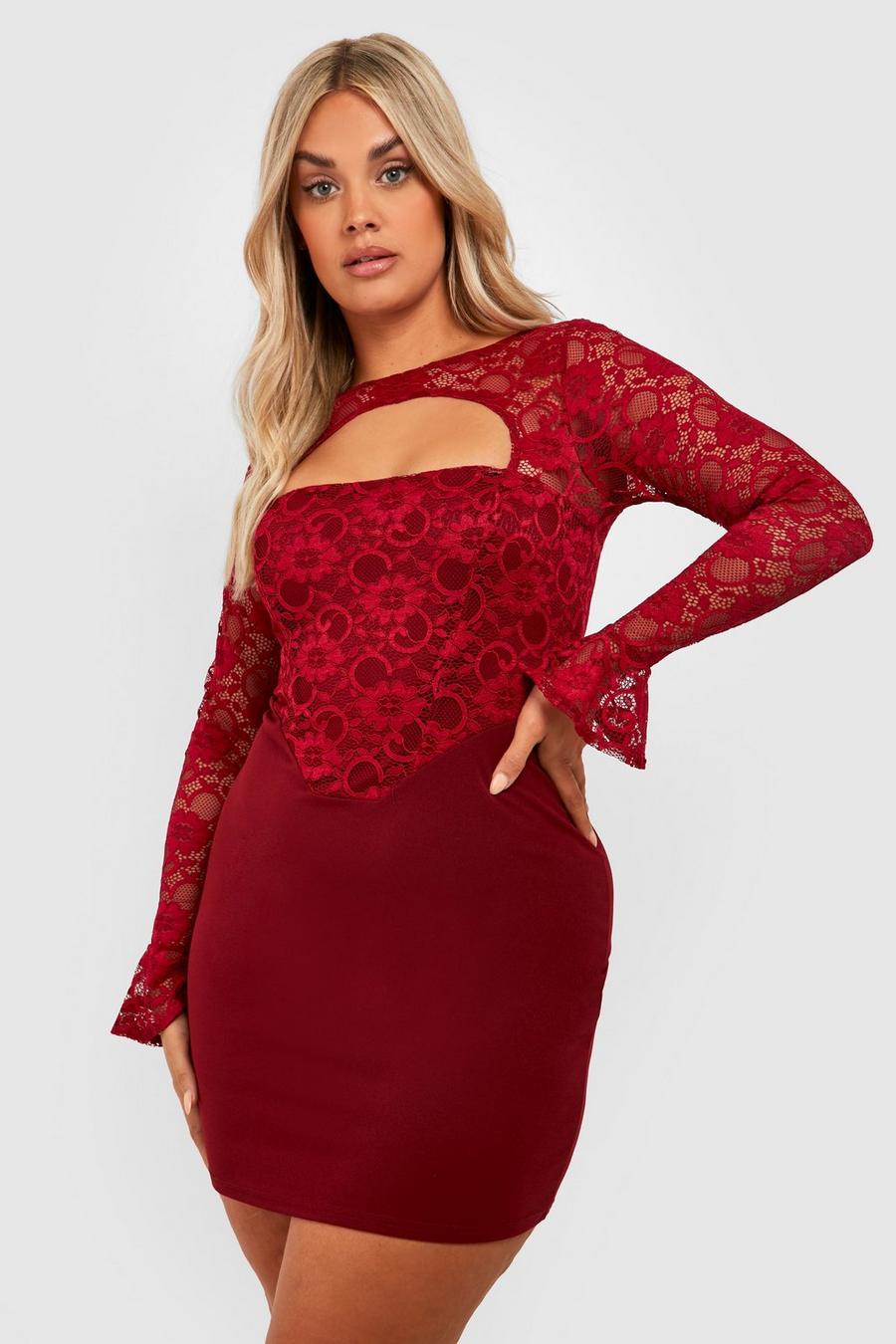 Berry red Plus Contrast Lace Cut Out Mini Dress
