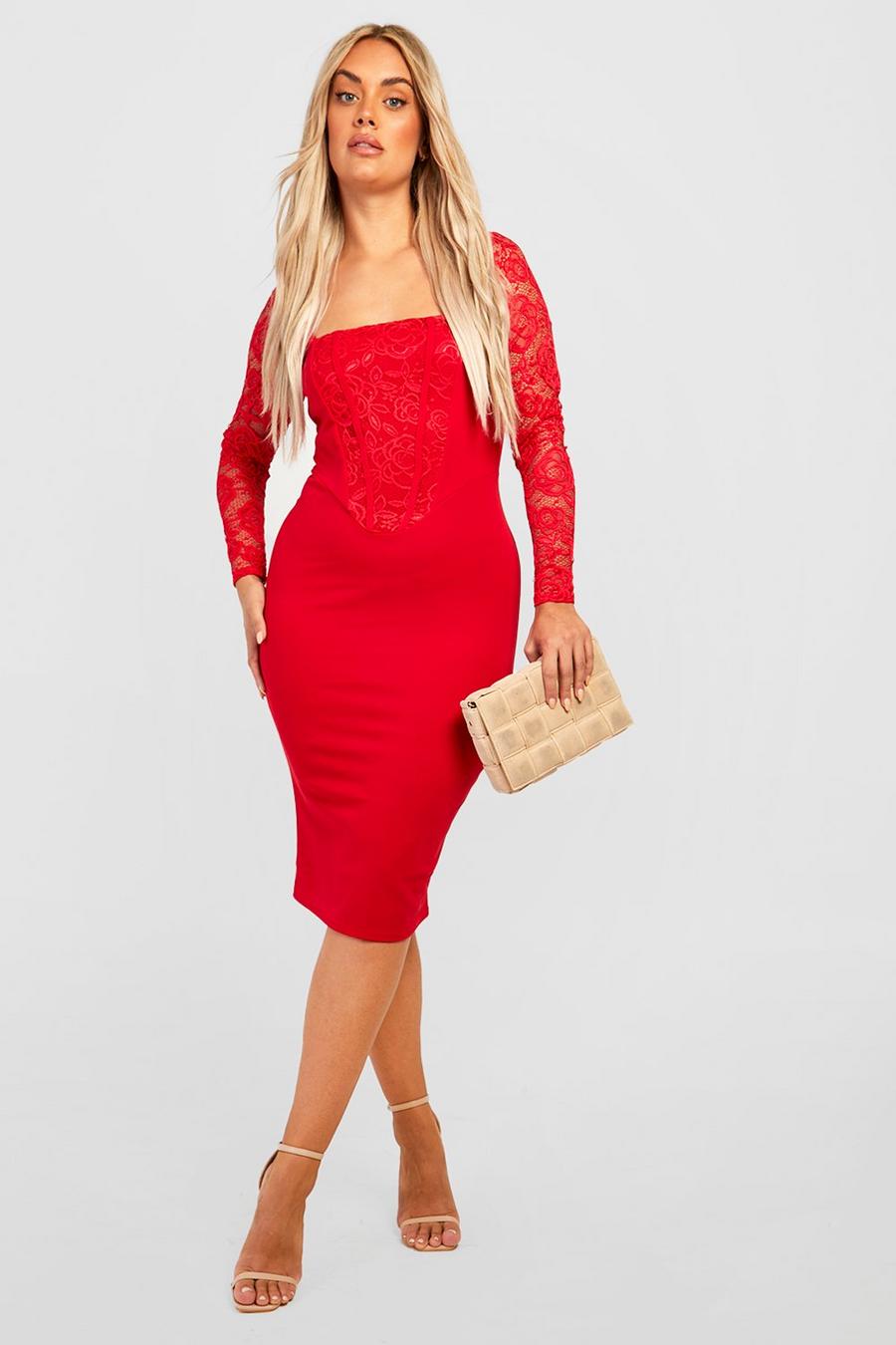 Red Plus Contrast Lace Paneled Midi Dress image number 1