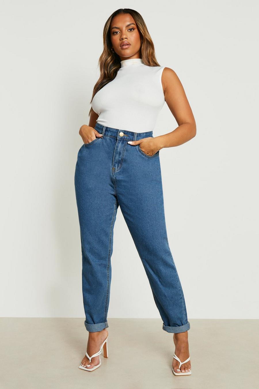 Mid blue Plus - Mom jeans med uppvikt kant image number 1