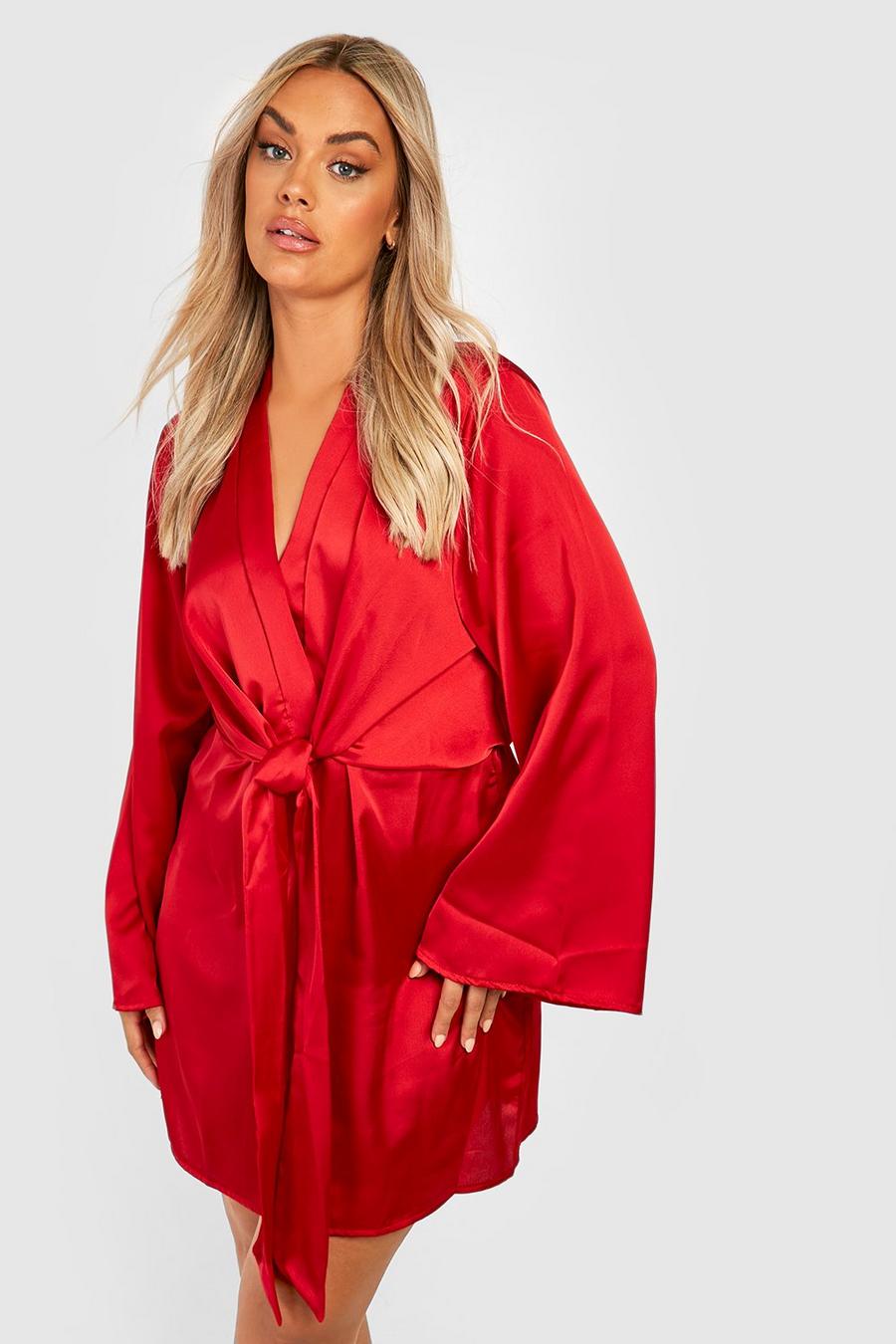 Red Plus Satin Tie Front Wide Sleeve Dress image number 1