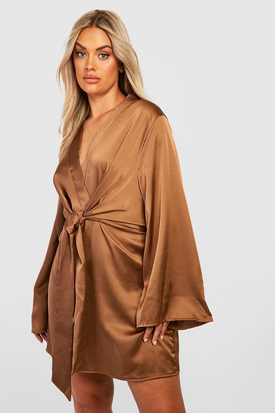 Toffee Plus Satin Knot Front Wide Sleeve Dress image number 1