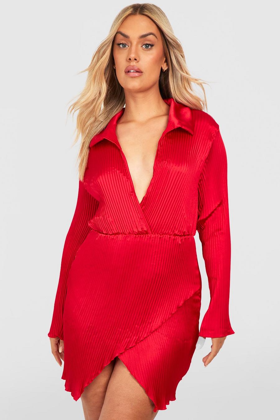 Red Plus Satin Plisse Wrap Shirt Dress