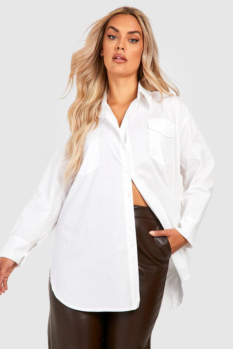 Camicia Plus Size oversize in popeline stile Utility, White bianco