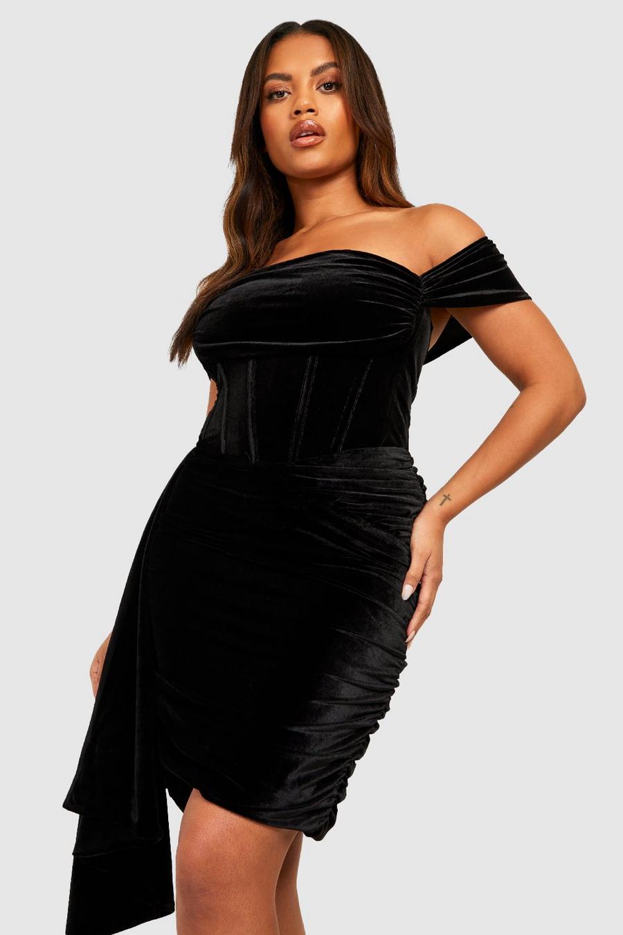 Black Plus Velvet Corset Bardot Drape Mini Dress image number 1