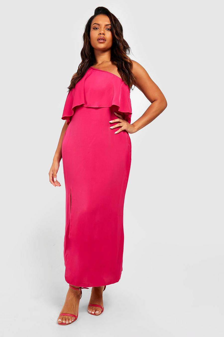 Hot pink Plus Premium Satin Ruffle Midi Dress image number 1