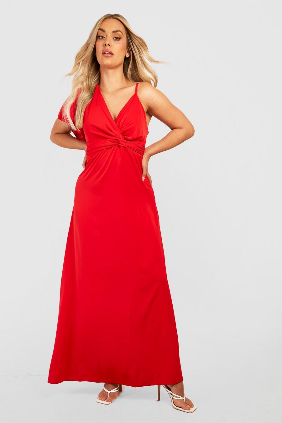 Red Plus Premium Satin Twist Front Maxi Dress
