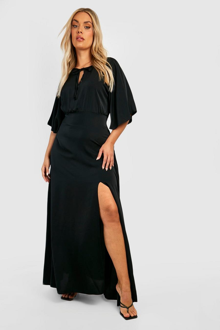 Black Plus Premium Satin Angel Sleeve Maxi Dress