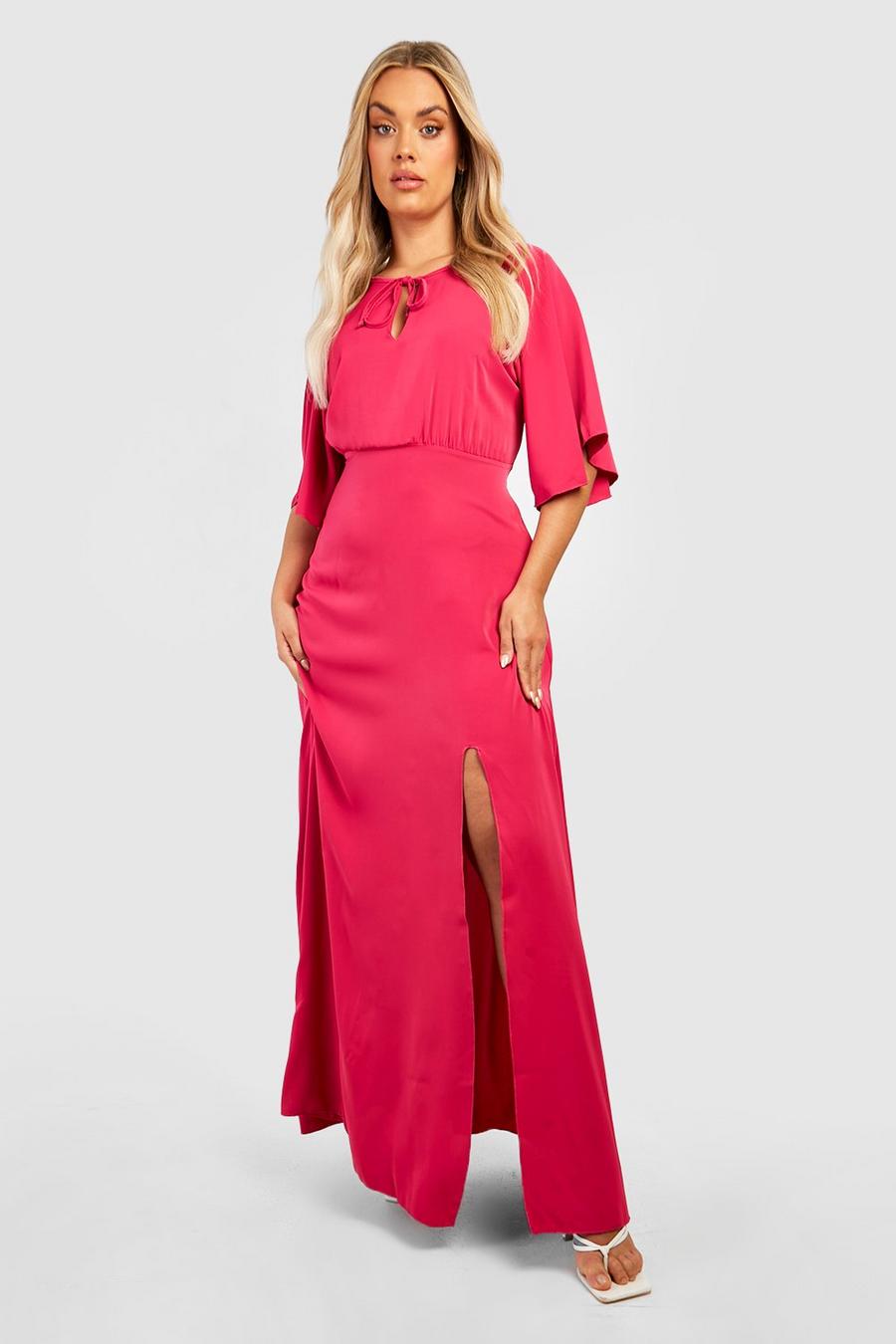 Hot pink Plus Premium Satin Angel Sleeve Maxi Dress image number 1