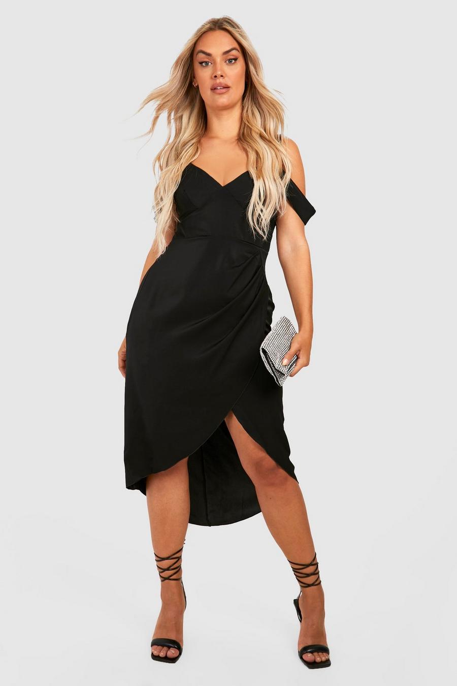 Black Plus Premium Satin Cold Shoulder Wrap Dress image number 1