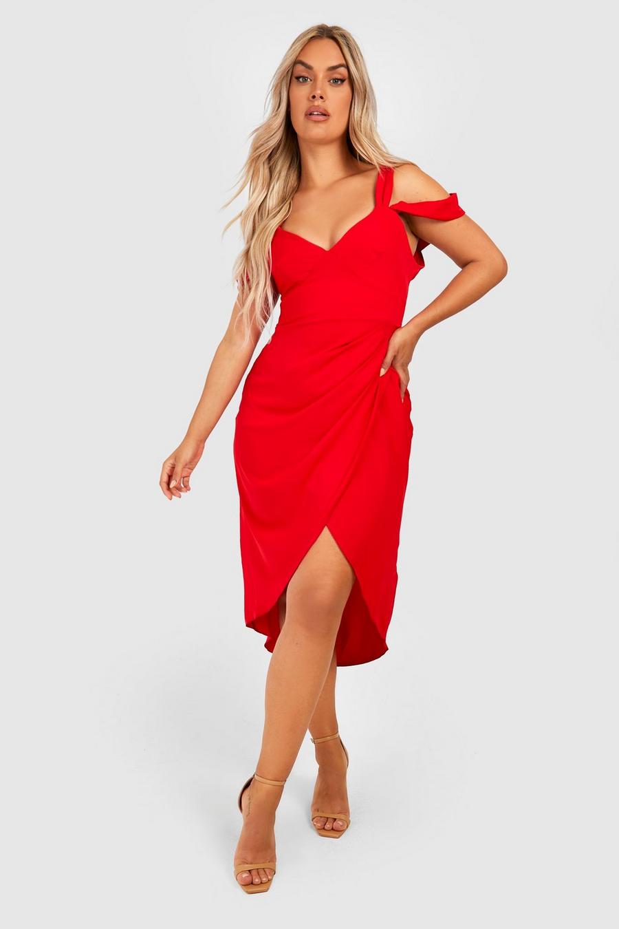 Red Plus Premium Satin Cold Shoulder Wrap Dress