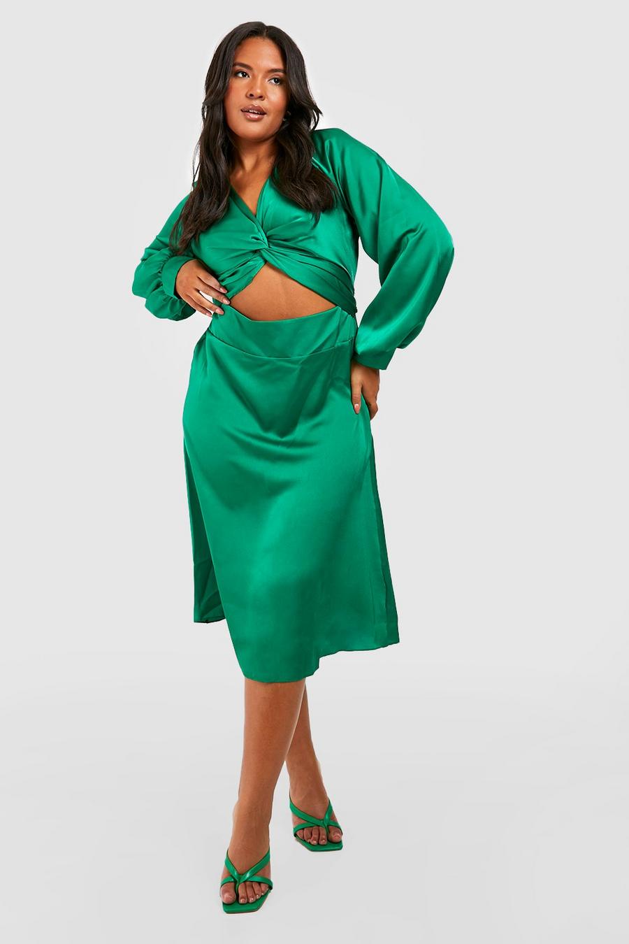 Green Plus Satin Knot Front Midi Dress  image number 1