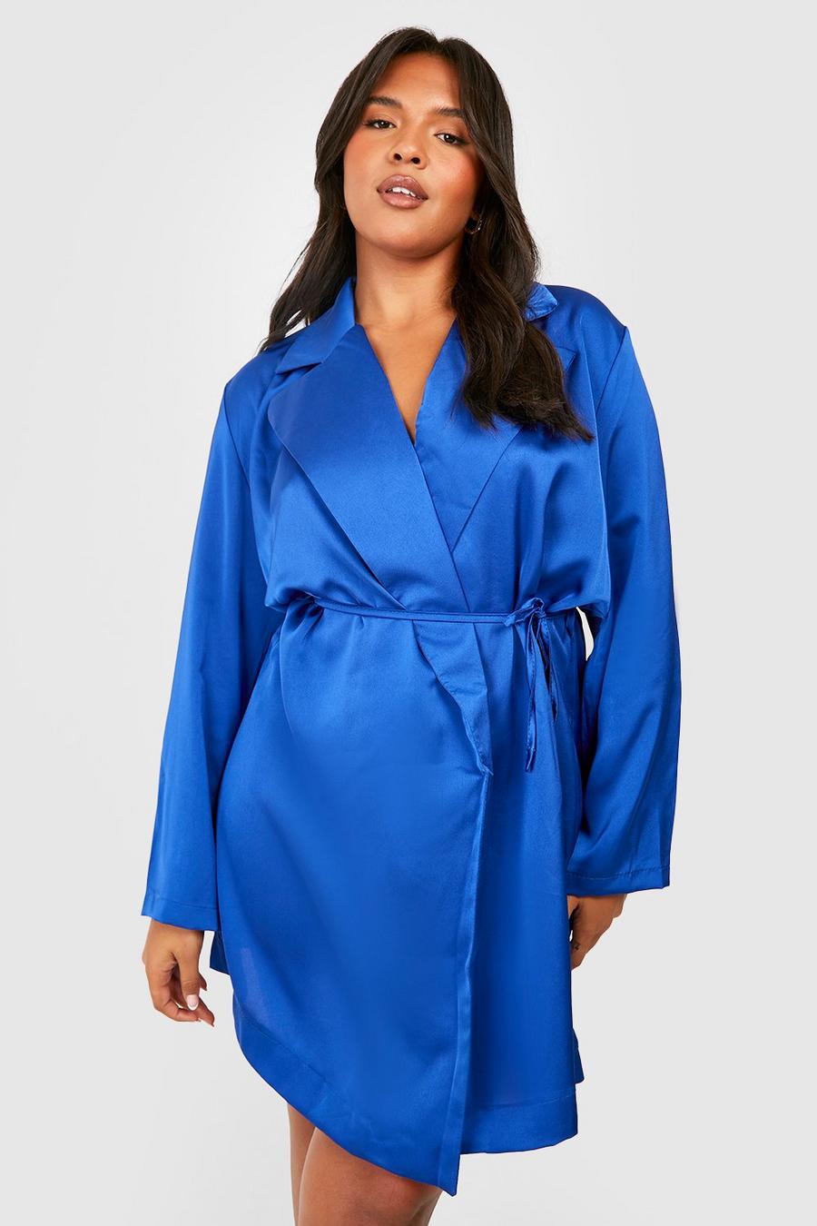 Cobalt blue Plus Satin Belted Blazer Dress image number 1