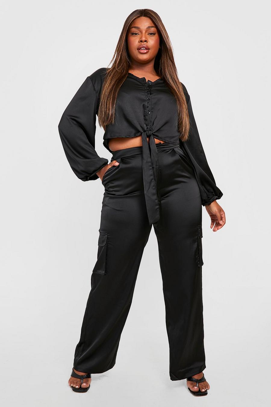 Black Plus Satin Tie Front Shirt & Trouser Co-ord image number 1