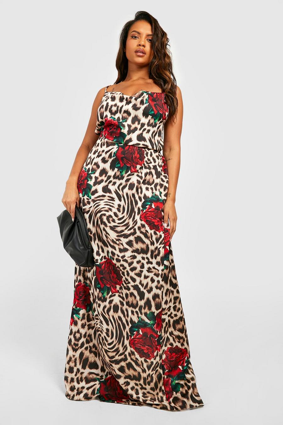 Brown Plus Leopard Satin Maxi Slip Dress