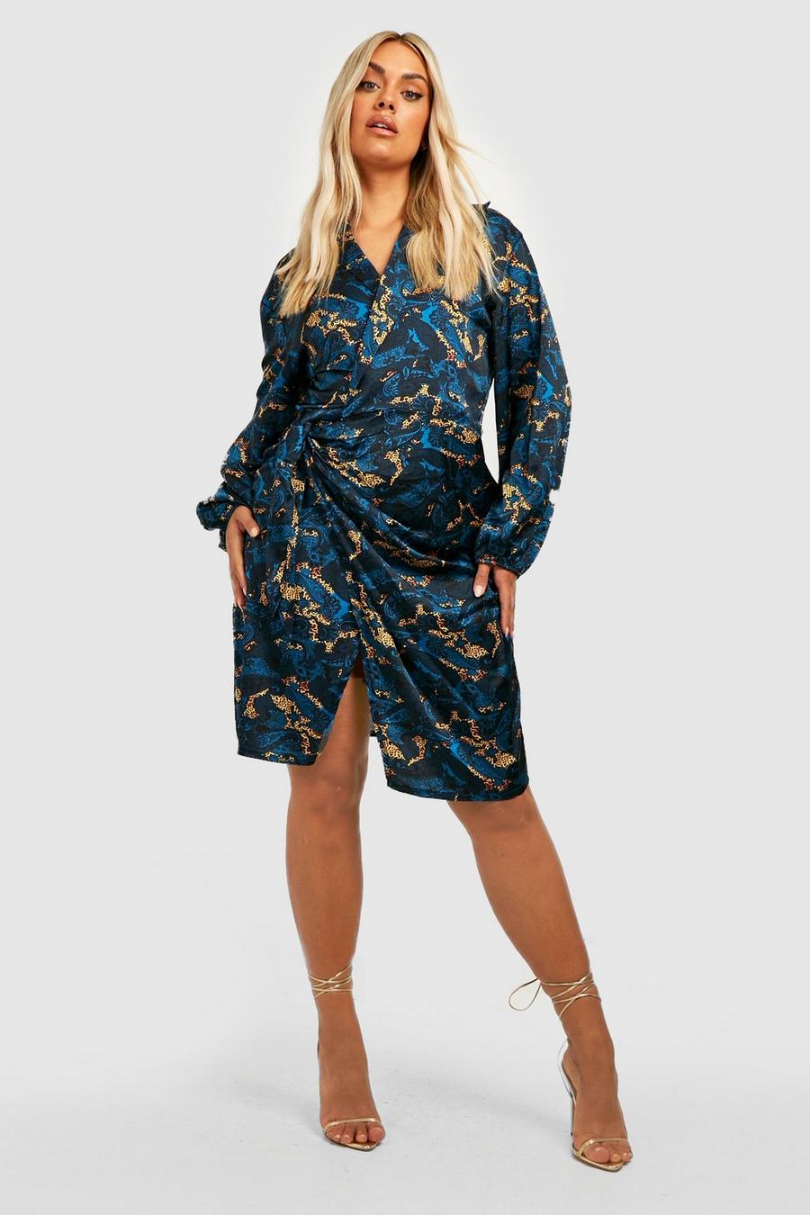 Blue Plus Satin Paisley Leopard Wrap Dress image number 1