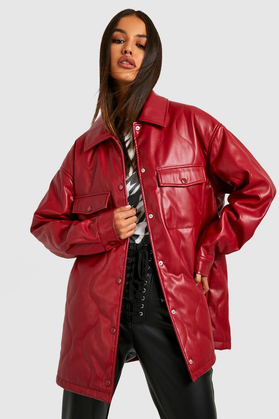 Dark red Leather Look Pocket Detail Quilted Shacket image number 1