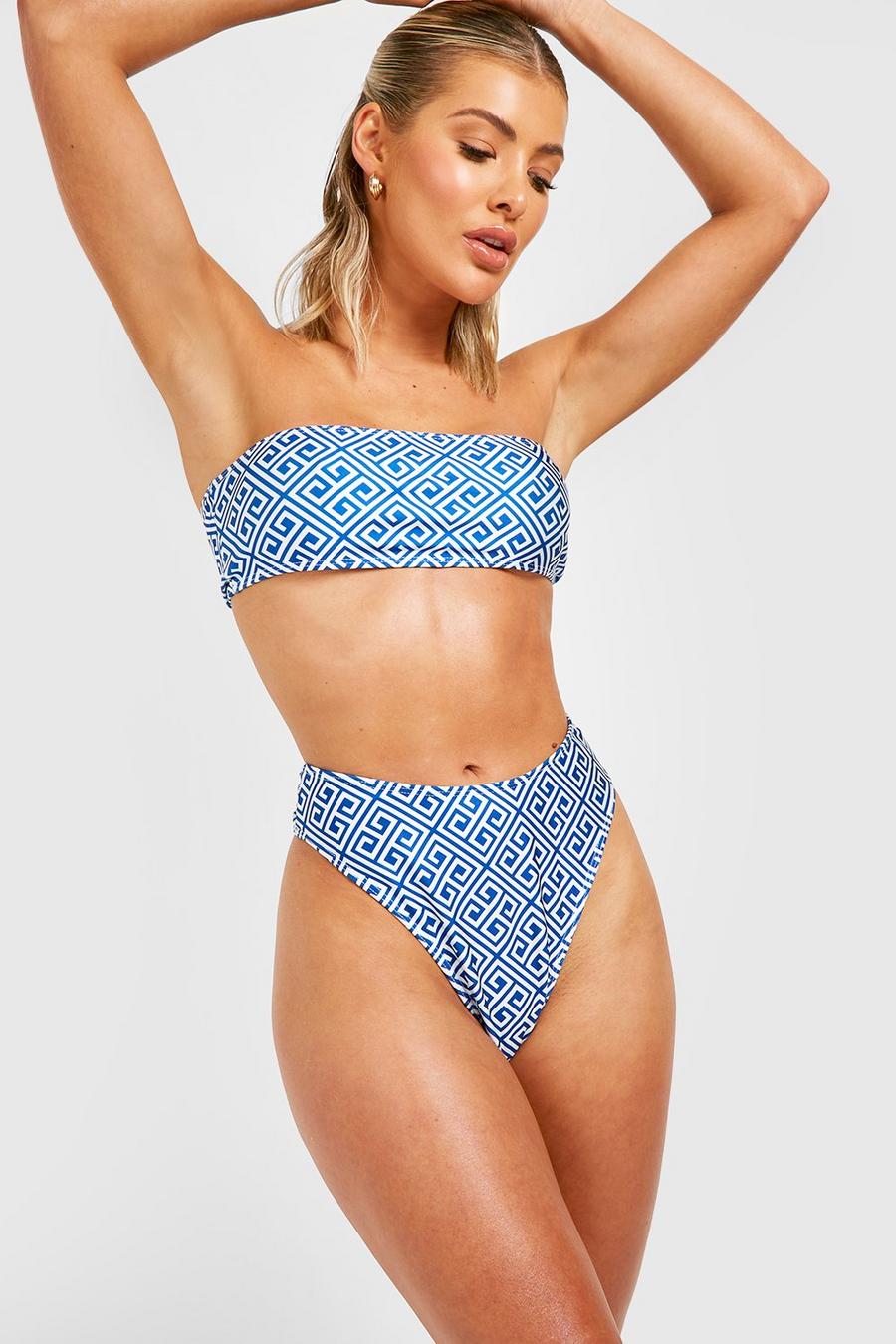 Bandeau Bikini mit hohem Bund und Kontrast-Print, Cobalt image number 1