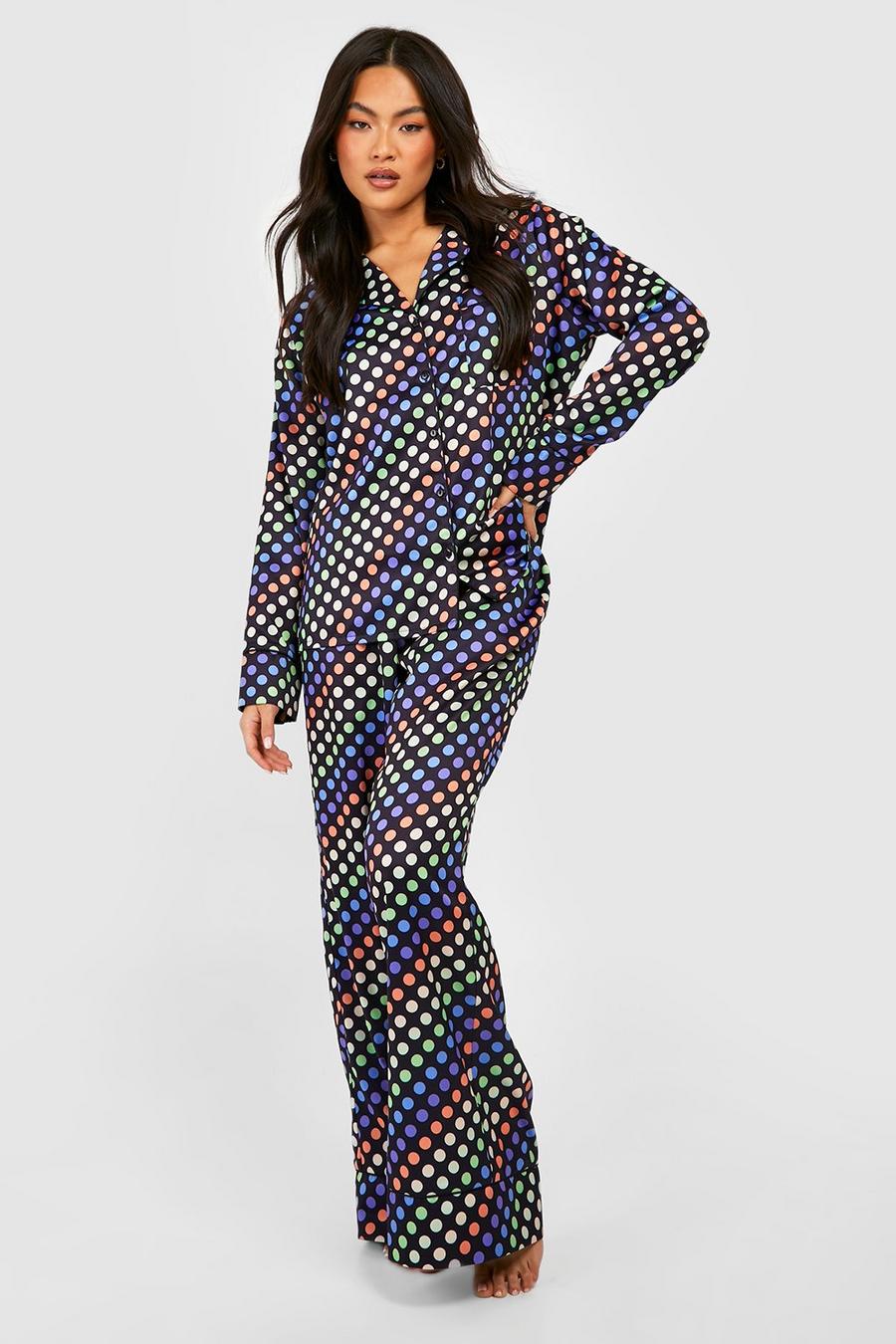 Premium Satin Pyjama-Set mit Punkten, Black